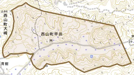 西山町甲田とその周辺の地図。町の範囲を重ねている