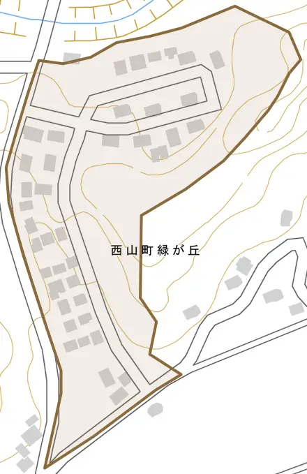 西山町緑が丘とその周辺の地図。町の範囲を重ねている