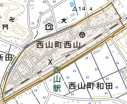 西山町西山とその周辺の地図。町の範囲を重ねている