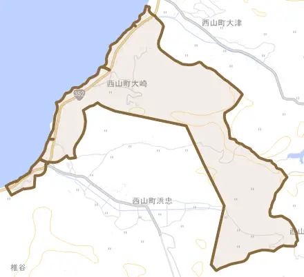 西山町大崎とその周辺の地図。町の範囲を重ねている