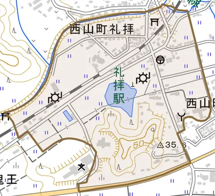 西山町礼拝とその周辺の地図。町の範囲を重ねている