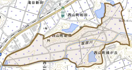 西山町新保とその周辺の地図。町の範囲を重ねている