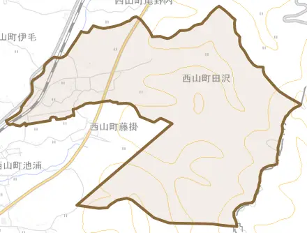 西山町田沢とその周辺の地図。町の範囲を重ねている