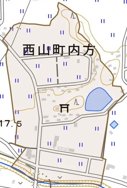 西山町内方とその周辺の地図。町の範囲を重ねている