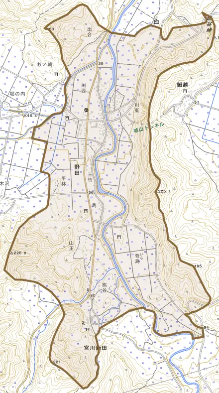 大字野田とその周辺の地図。町の範囲を重ねている