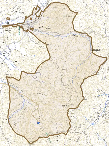 大字大広田とその周辺の地図。町の範囲を重ねている