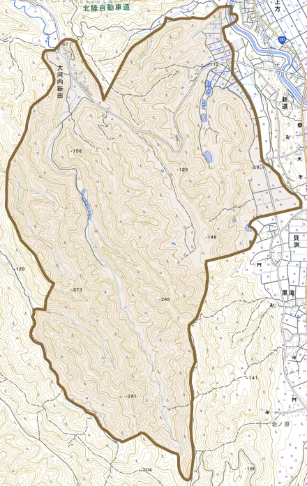 大字大河内新田とその周辺の地図。町の範囲を重ねている