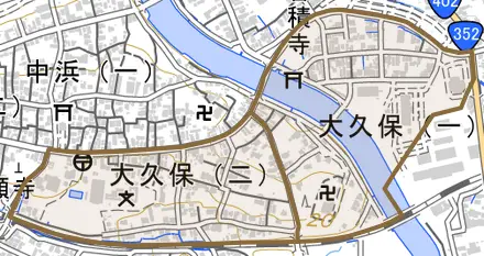 大久保とその周辺の地図。町の範囲を重ねている