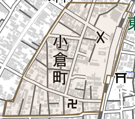 小倉町とその周辺の地図。町の範囲を重ねている