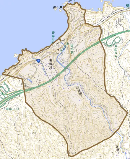 大字青海川とその周辺の地図。町の範囲を重ねている