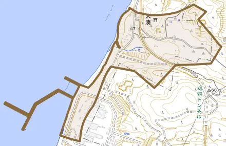 大字大湊とその周辺の地図。町の範囲を重ねている