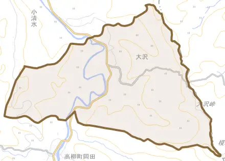 大字大沢とその周辺の地図。町の範囲を重ねている