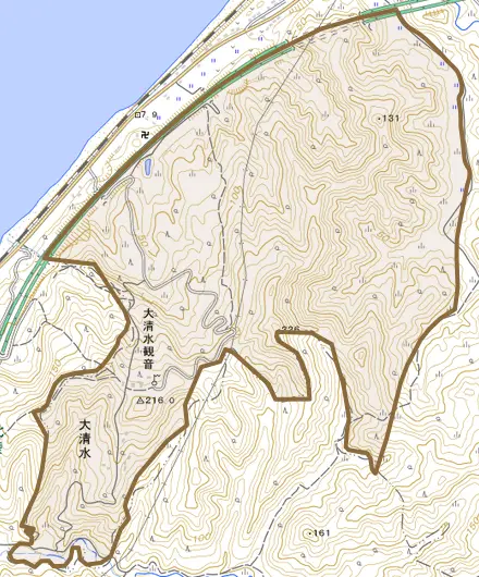 大字大清水とその周辺の地図。町の範囲を重ねている
