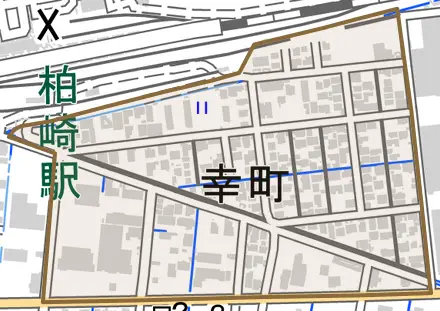 幸町とその周辺の地図。町の範囲を重ねている