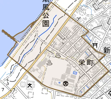栄町とその周辺の地図。町の範囲を重ねている