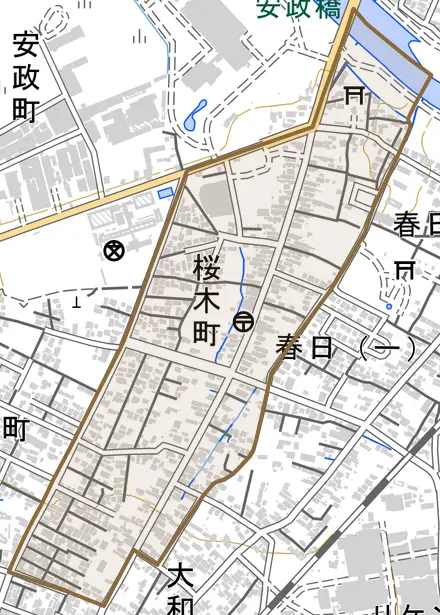 桜木町とその周辺の地図。町の範囲を重ねている