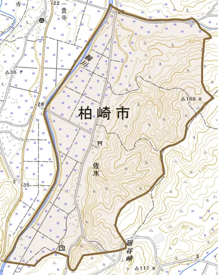 大字佐水とその周辺の地図。町の範囲を重ねている