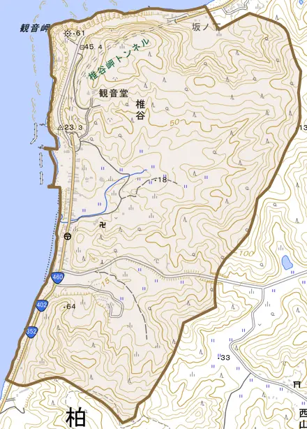 大字椎谷とその周辺の地図。町の範囲を重ねている