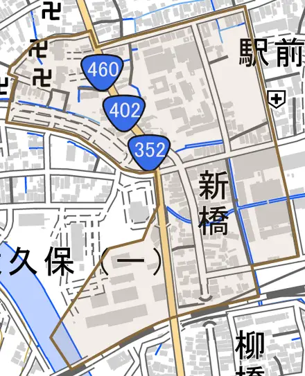 新橋とその周辺の地図。町の範囲を重ねている