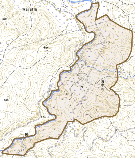 大字清水谷とその周辺の地図。町の範囲を重ねている