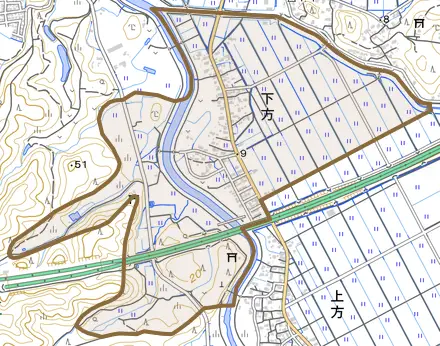 大字下方とその周辺の地図。町の範囲を重ねている