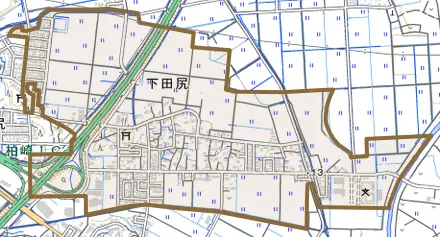 大字下田尻とその周辺の地図。町の範囲を重ねている