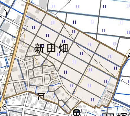 新田畑とその周辺の地図。町の範囲を重ねている