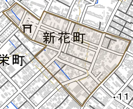 新花町とその周辺の地図。町の範囲を重ねている