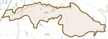 大字曽地とその周辺の地図。町の範囲を重ねている