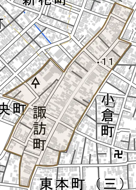 諏訪町とその周辺の地図。町の範囲を重ねている