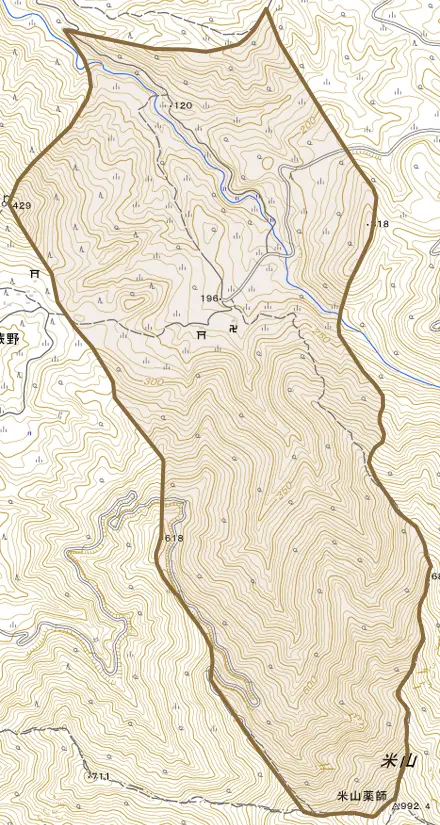 大字吉尾とその周辺の地図。町の範囲を重ねている