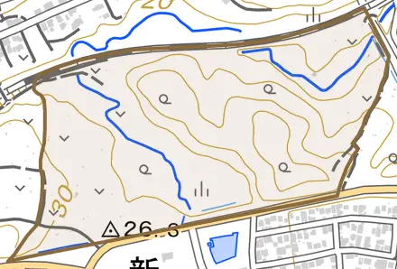 天神町とその周辺の地図。町の範囲を重ねている