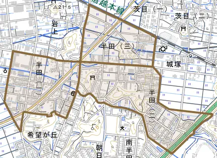 半田とその周辺の地図。町の範囲を重ねている