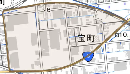 宝町とその周辺の地図。町の範囲を重ねている