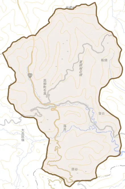 高柳町石黒とその周辺の地図。町の範囲を重ねている