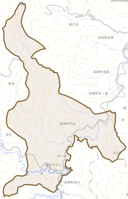 高柳町門出とその周辺の地図。町の範囲を重ねている