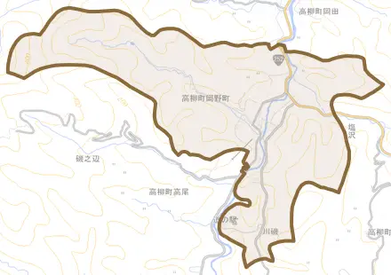 高柳町岡野町とその周辺の地図。町の範囲を重ねている