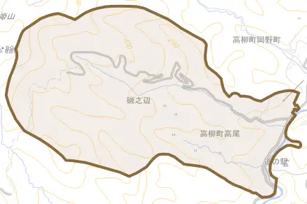 高柳町高尾とその周辺の地図。町の範囲を重ねている