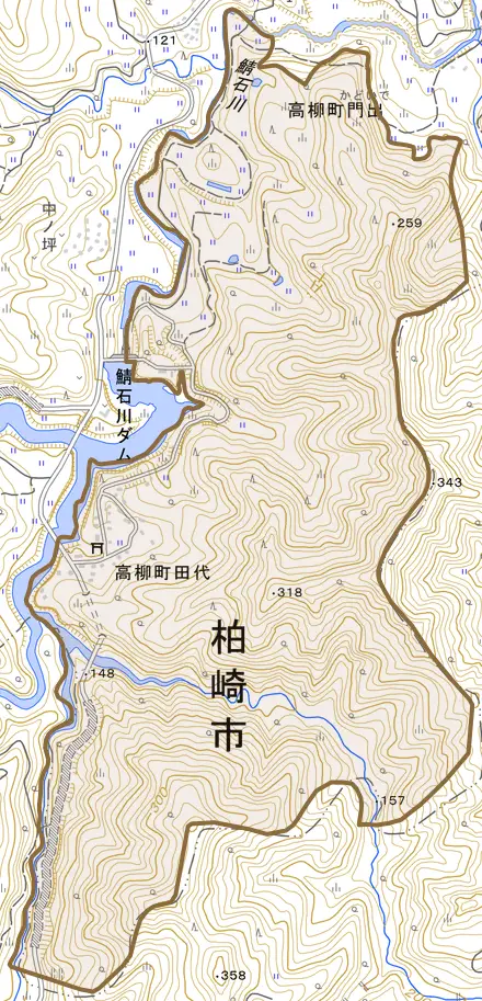 高柳町田代とその周辺の地図。町の範囲を重ねている