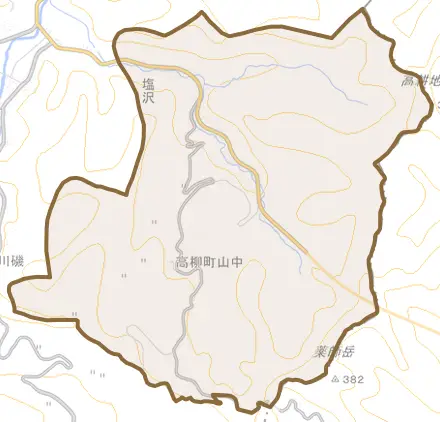 高柳町山中とその周辺の地図。町の範囲を重ねている