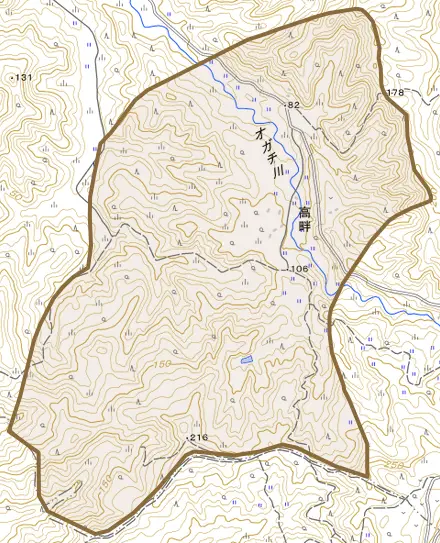 大字高畔とその周辺の地図。町の範囲を重ねている