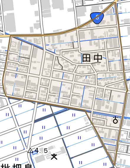 田中とその周辺の地図。町の範囲を重ねている