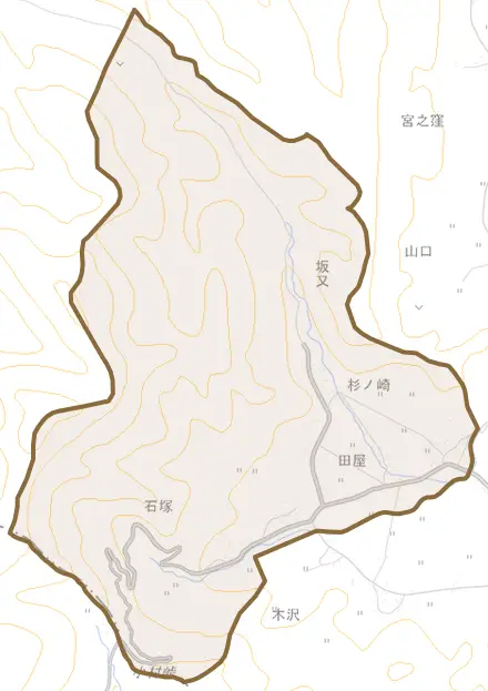 大字田屋とその周辺の地図。町の範囲を重ねている