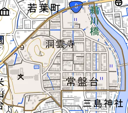 常盤台とその周辺の地図。町の範囲を重ねている