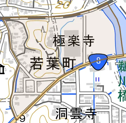 若葉町とその周辺の地図。町の範囲を重ねている