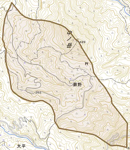 大字蕨野とその周辺の地図。町の範囲を重ねている