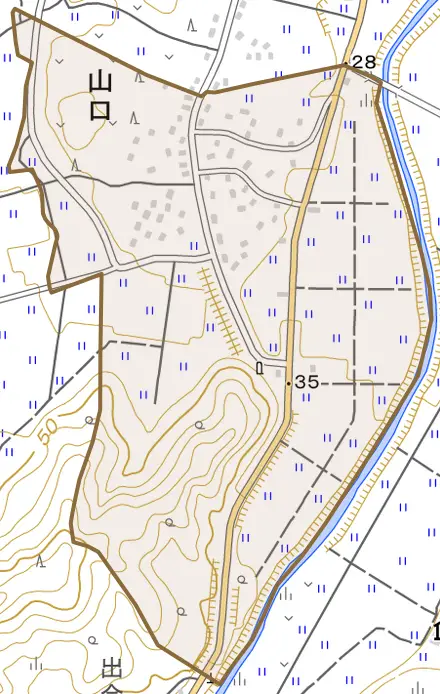 大字山口とその周辺の地図。町の範囲を重ねている