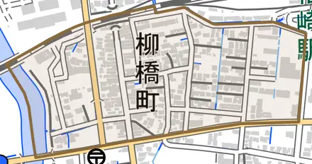 柳橋町とその周辺の地図。町の範囲を重ねている
