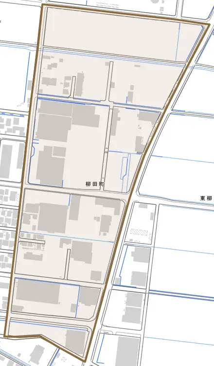 柳田町とその周辺の地図。町の範囲を重ねている