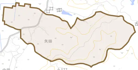大字矢田とその周辺の地図。町の範囲を重ねている